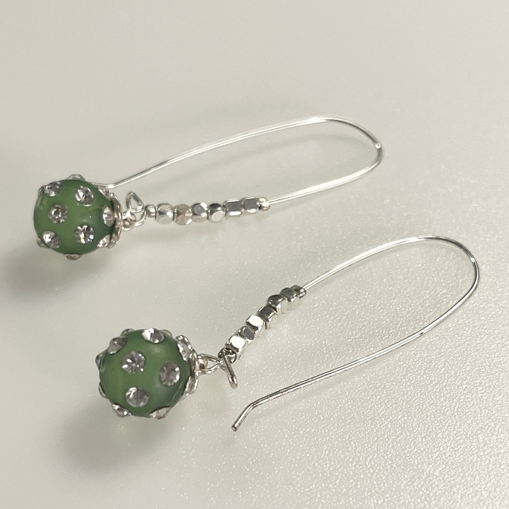 Artisan Handmade Green Beaded Dangle Earrings with  Rhinestone Accents